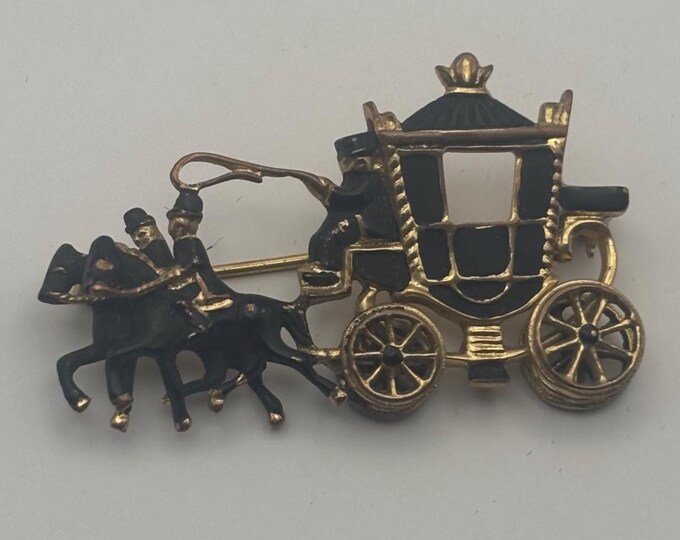 Vintage Carriage Stagecoach Horse Pin Black Enamel Gold Brooch Lover Antiques and Vintage
