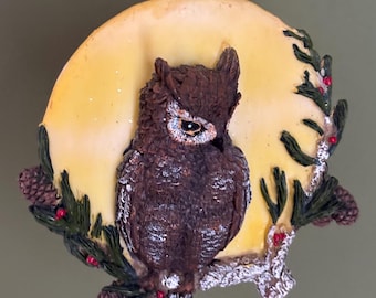 Vintage Owl Ornament Three Dimensional Owl Figurine Moon Background Lover Antiques and Vintage