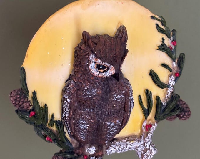 Vintage Owl Ornament Three Dimensional Owl Figurine Moon Background Lover Antiques and Vintage