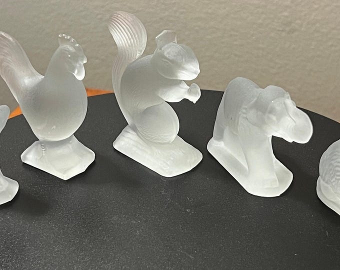 Vintage LE Smith Frosted Glass Animals Collection of 5 Scotty Dog Horse Elephant Rooster Squirrel Glass Art Lover Antiques and Vintage