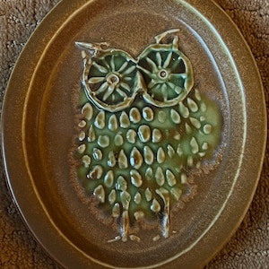 May include: A ceramic owl dish with a green glaze and brown rim. The owl has large, round eyes and a textured body.