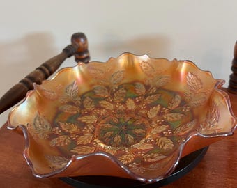Vintage Fenton Marigold Carnival Glass Bowl: Holly Pattern