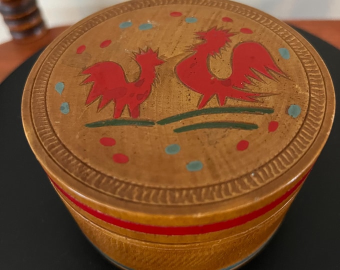 Vintage Rooster Asian Wood Set of 6 Wood Coasters in a Wooden Hand Painted Decorative Box Made in Japan Lover Antiques and Vintage