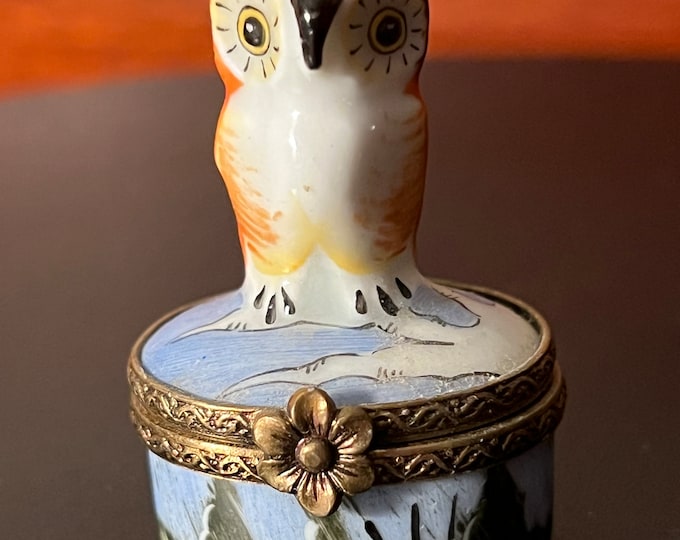 Vintage Limoges Owl Box, Chamart Peint a la Main Limoges France, Owl on a Porcelain Box, Owl Trinket Box with Flower Enclosure