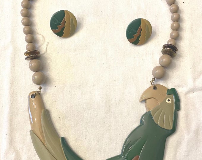 Parrot Figural BIB & Beaded Statement Resin Necklace and Matching Earrings Jewelry Unique Gifts