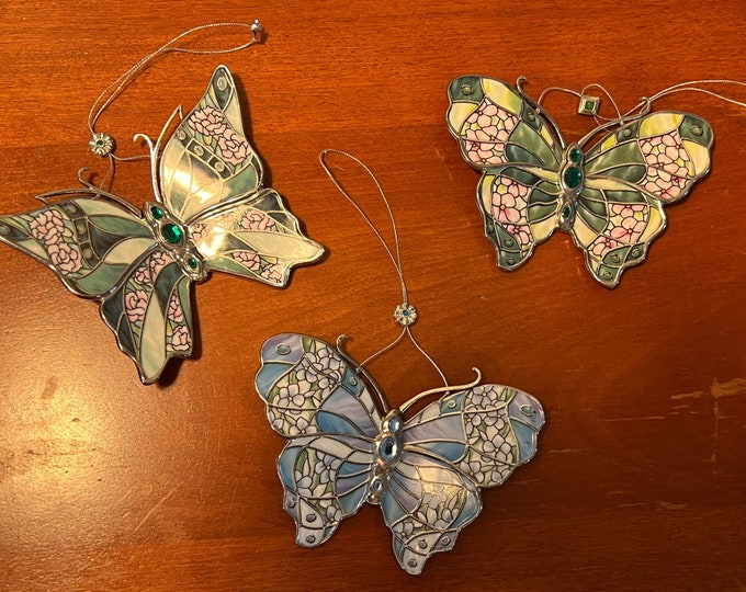 Vintage Bradford Editions Butterflies Silken Wings Porcelain Lot of 3 stained glass butterfly Christmas ornaments gift Set #5 Lover Antiques