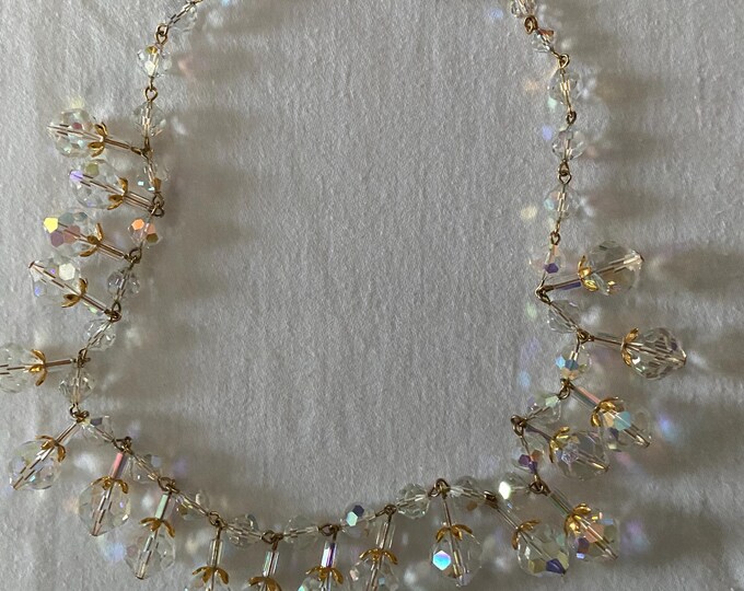 Vintage Aurora Borealis Style Crystals & Gold Necklace Fringe Jewelry Lover Antiques and Vintage