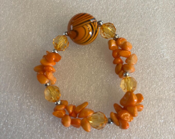 Vintage Orange Sponge Coral Striped Agate Bead Bracelet Lover Antiques and Vintage