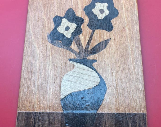Handmade Flower Marquetry Wood Inlay Art Wall Hanging, Several Distinct Wood Tones