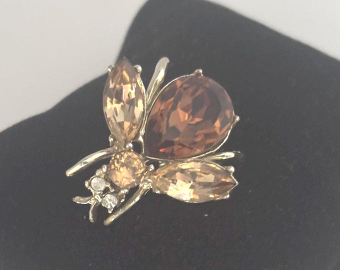Amber Rhinestone Insect Pin, Enamel Honey Bee Beetle Brooch