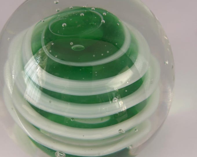 Vintage Green White Marble Look Paperweight 3 Inch Glass Swirl Office Decor