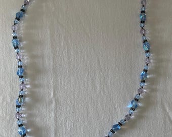 Vintage Blue Silver Beaded Necklace with Heart Clasp, Unique Gift for Her, Romantic Silver Jewelry, Antique Blue Beaded Necklace