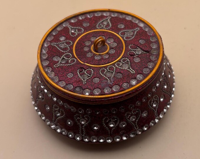Vintage Heart & Jeweled Trinket Box Red Jewel Decorative Beaded Collectible Ring Box Container Lover Antiques and Vintage