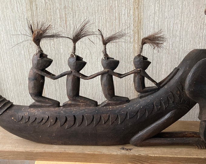 Vintage Hand Carved Dragon Boat with 6 Passengers Sculpture Wood Carving, Borneo Tribe Carving, Lover Antiques and Vintage