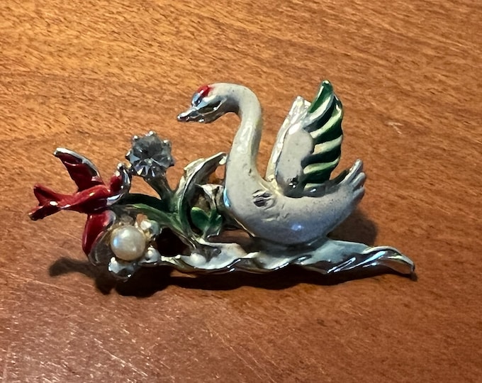 Vintage Silver Swan and Red Bird enamel pin brooch brooches pins estate jewelry Lover Antiques and Vintage