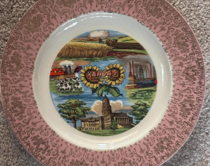Vintage Kansas State Souvenir Plate with Sunflowers, Agricultural Scenes & Capitol