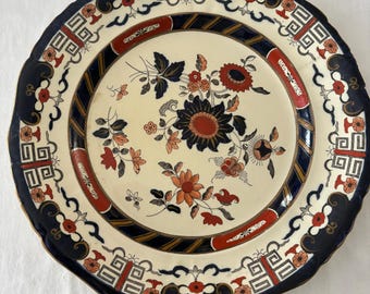 Antique Mason's Ironstone Plate: Cobalt Blue & Rust Floral Decor, Made in England