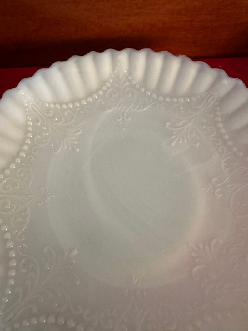 Depression Milk Glass White Monax Petalware Salad Plate, 8” Lace Pattern White Special Glass Plate Lover Antiques and Vintage image 8