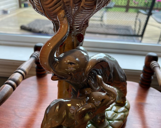 Vintage Elephant Sculpture Palm Tree Ceramic Figurine Home Decor Elephants Lover Antiques