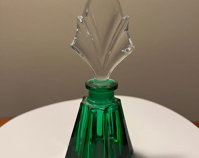 Vintage Je t’aime Green Crystal Collection Made in Germany by Glaswegian Doberman Perfume Bottle Etched Glass Stopper Top Glass Art Deco