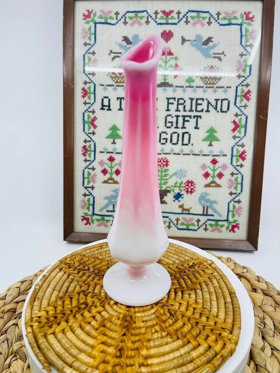 Vintage Fenton Pink Slag Glass Vase Swung Bud Vase on a Pedestal