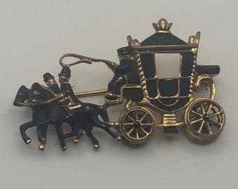 Vintage Carriage Stagecoach Horse Pin Black Enamel Gold Brooch Lover Antiques and Vintage