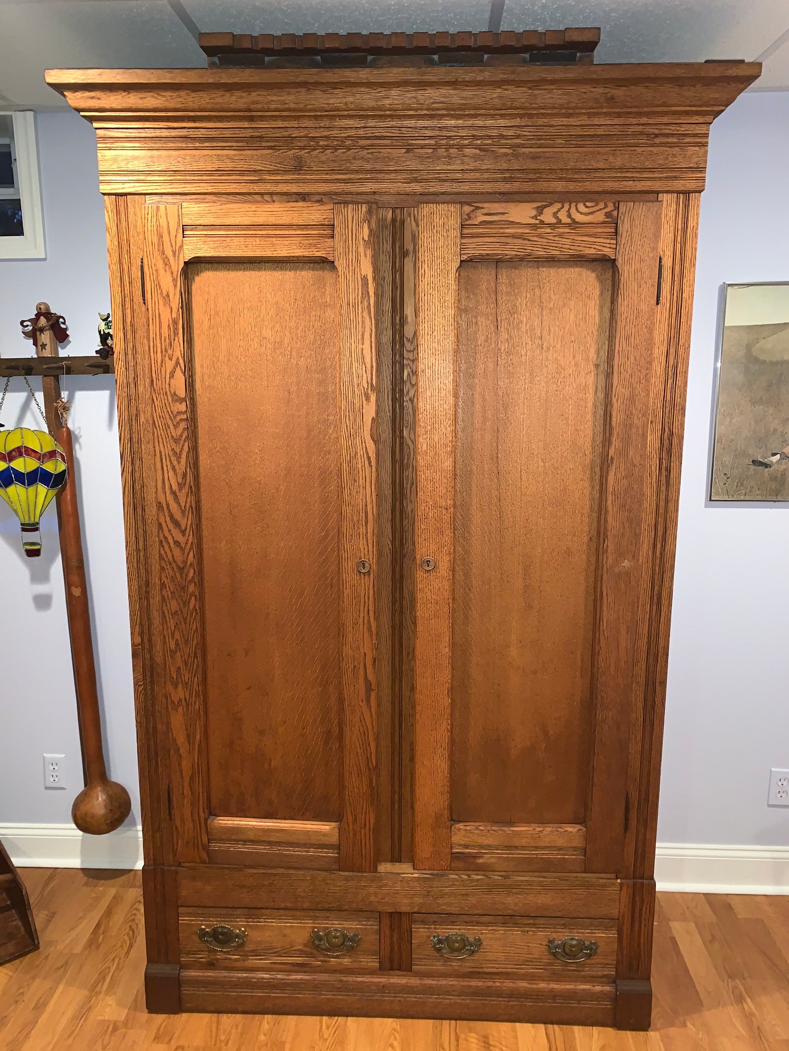 Antique Oak Eastlake Armoire Closet Double Door Tall Wardrobe Clothing