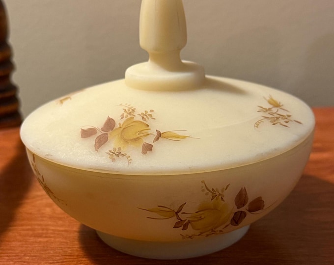 Vintage Fenton Custard Satin Glass Powder Dish with Lid Hand Painted and Signed F. Baxter Lover Antiques and Vintage