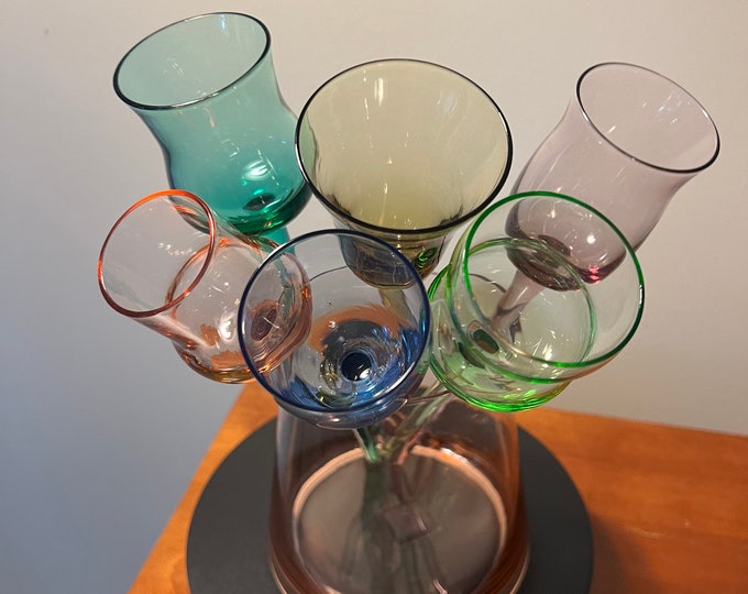 Vintage Elegant Glass Ice Bucket with 6 Multi Colored Stemmed Cordial Glasses Barware Pink, Green, Blue, Purple, Teal, Smoke Lover Antiques