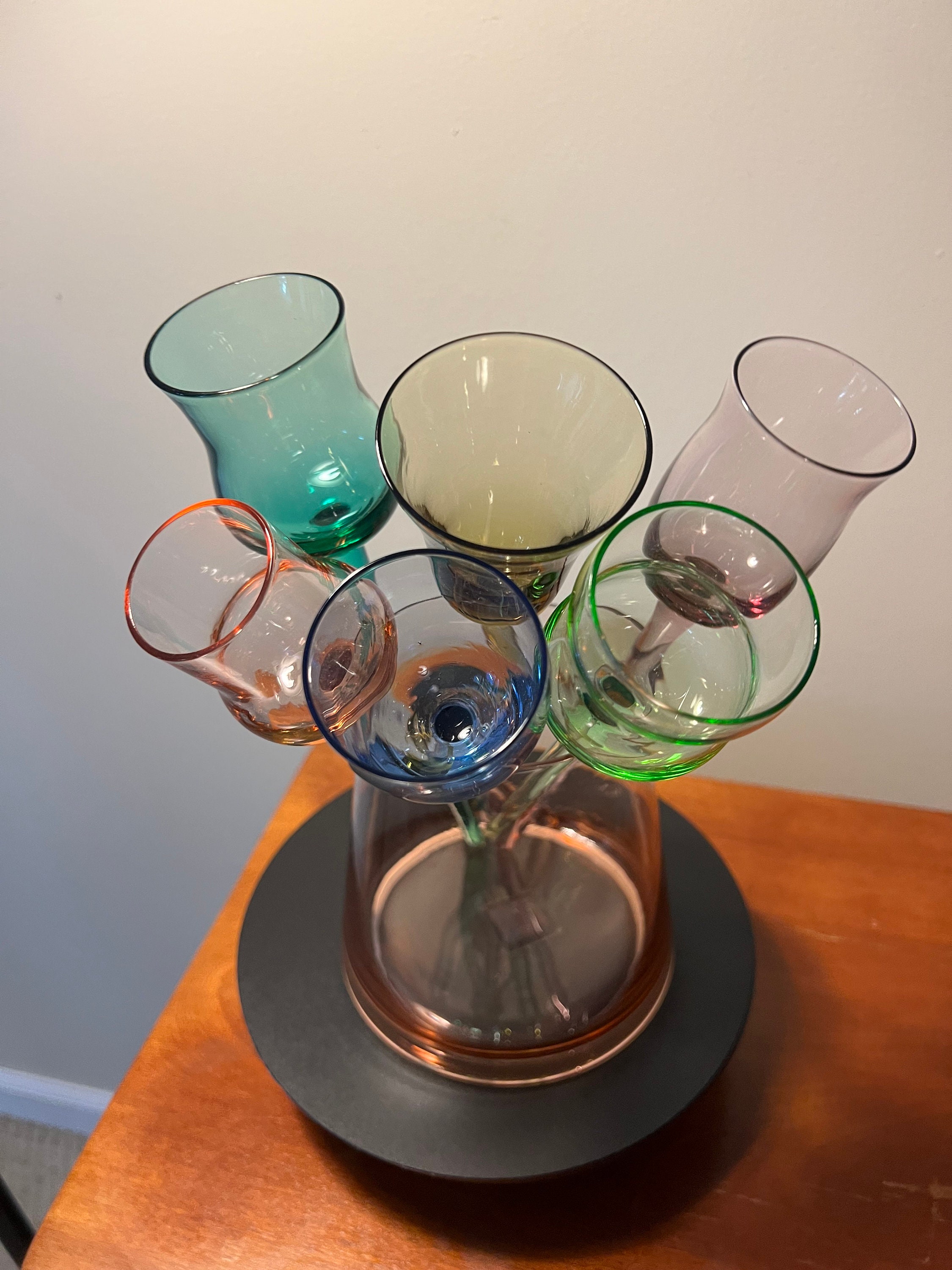 Vtg Multicoloured Cordial Glasses Long Stemmed Liqueur Glass Set in Varying  Shapes & Colours 5pc Set 