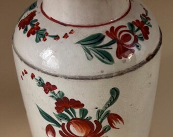 Antique Creamware Tea Caddy: Hand Painted, Circa 1700s