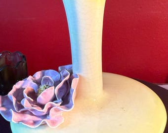 Vintage Berns Hollywood Regency Pottery Vase Hand Painted Pink Peony 1940s 1950s Collectible Ceramic Flower Decor