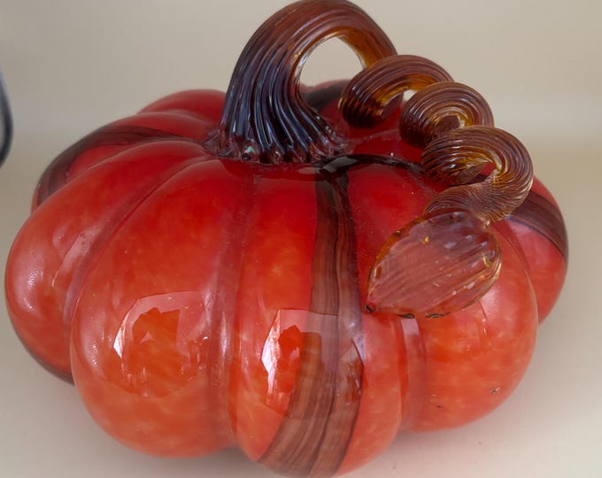 Vintage Orange Glass Pumpkin with Curly Stem Hand Blown Glass Pumpkin Art Lover Antiques and Vintage