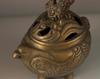 Antique Bronze Chinese Censer Incense Burner Bowl with Lid Koro with Foo Dog Lover Antiques and Vintage