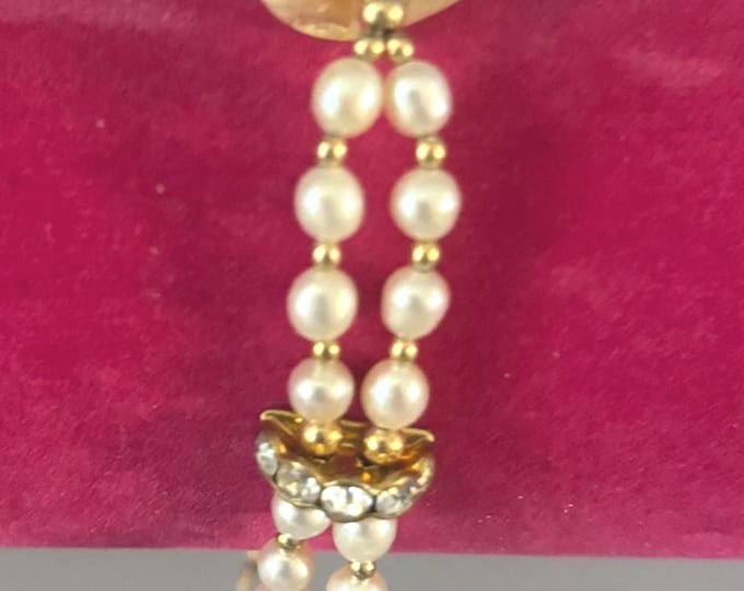 Vintage Double Strand Pearl Bracelet Featuring Large Citrine Quartz Gemstone