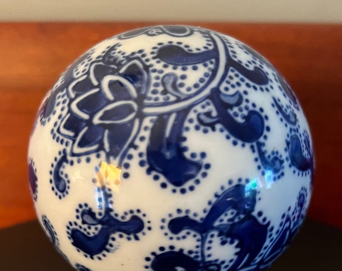 Vintage Blue & White Porcelain Ball, Porcelain Orb Ornament, Glass Art Mid Century Modern Ornament, Christmas Holiday, Lover Antiques