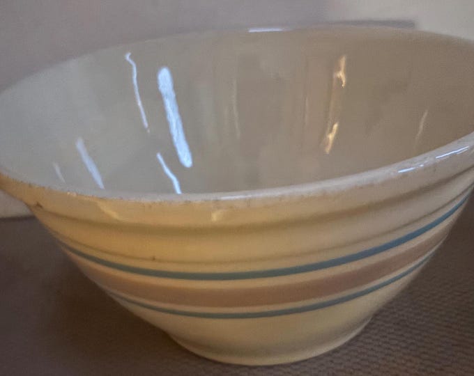 Vintage Mccoy Ovenware #10 Icing Bowl Pink Blue Tripe Usa Stoneware Lover Antiques And Vintage