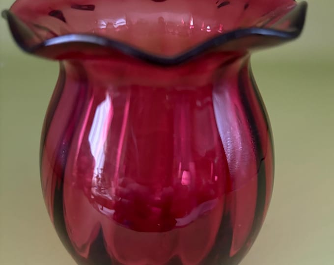 Vintage Cranberry Glass Vase Dark Pink Ruffled Top Lover Antiques and Vintage