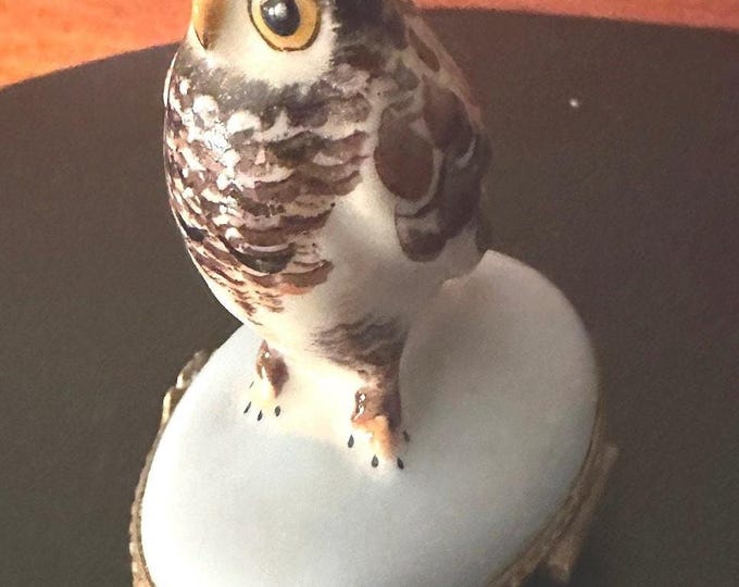 Limoges Chamart Decor Main Owl Porcelain Trinket Box, Porcelain Owl Box, Limoges Owl Porcelain Little Box, Lover Antiques and Vintage