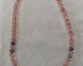Vintage Pink Beaded Necklace: Gray Pearl Accents