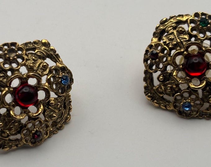 Vintage Gold Jewel Mogul Designer Runway Pierced Earrings Flower Rosette Colored Lover Antiques and Vintage