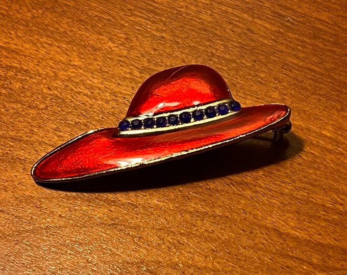 Vintage Red Hat Enamel brooch pin jewelry Mid Century Modern 18k gold plating  Art Deco Carmen Santiago