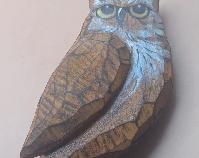 Great Horned Owl Hand Carved Wall Art, Intarsia Hand Painted Plaque, Lover Antiques and Vintage