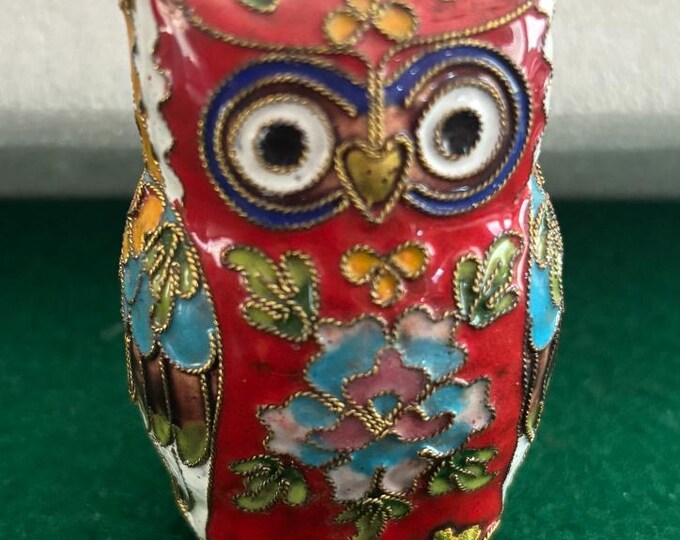 Vintage Red Cloisonné Brass Enameled Tall Standing Owl Statue Colorful Enameled Owl Figurine Lover Antiques and Vintage