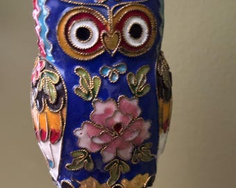Vintage Cloisonné Brass Enameled Owl Figurine, Standing Owl Statue with Pink & Purple Floral Details