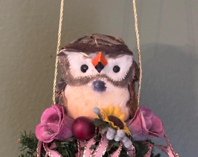 Vintage Owl in Pinecone Basket Ornament Gift For Her Lover Antiques and Vintage