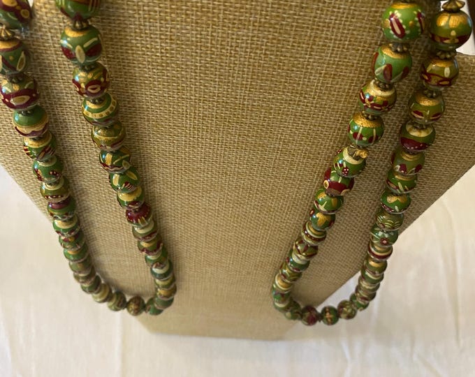 Vintage Green & Purple Hand Painted Necklace Unique Gift Opportunity Lover Antiques and Vintage