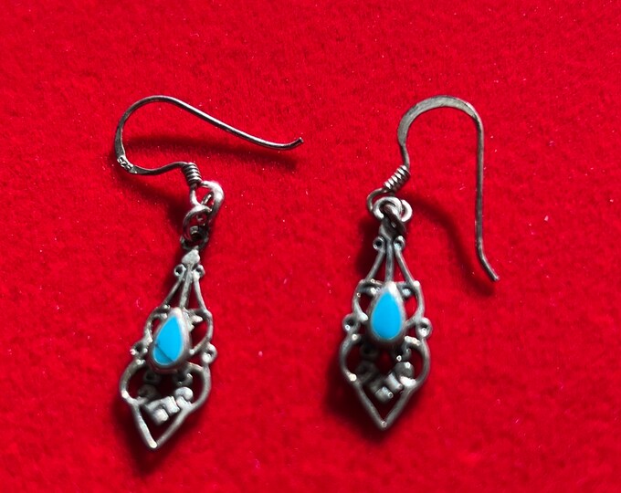Vintage Silver and Turquoise Earrings, Swirl Earring, Jewelry, Twist Earrings, Lover Antiques and Vintage