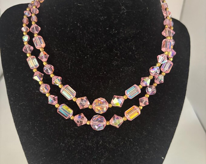 Vintage Pink Aurora Borealis Style Crystals & Gold Necklace Fringe Jewelry Lover Antiques and Vintage