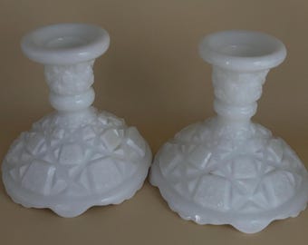 Vintage Westmoreland Old Quilt Milk Glass Pair of Candle Holders Lover Antiques and Vintage